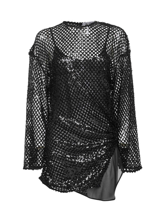 Black sequin net knit mini dress<BR/>