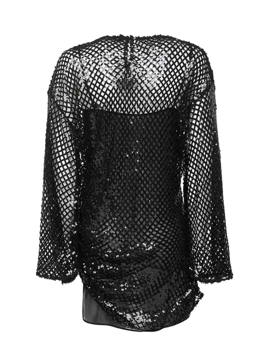 Black sequin net knit mini dress<BR/>
