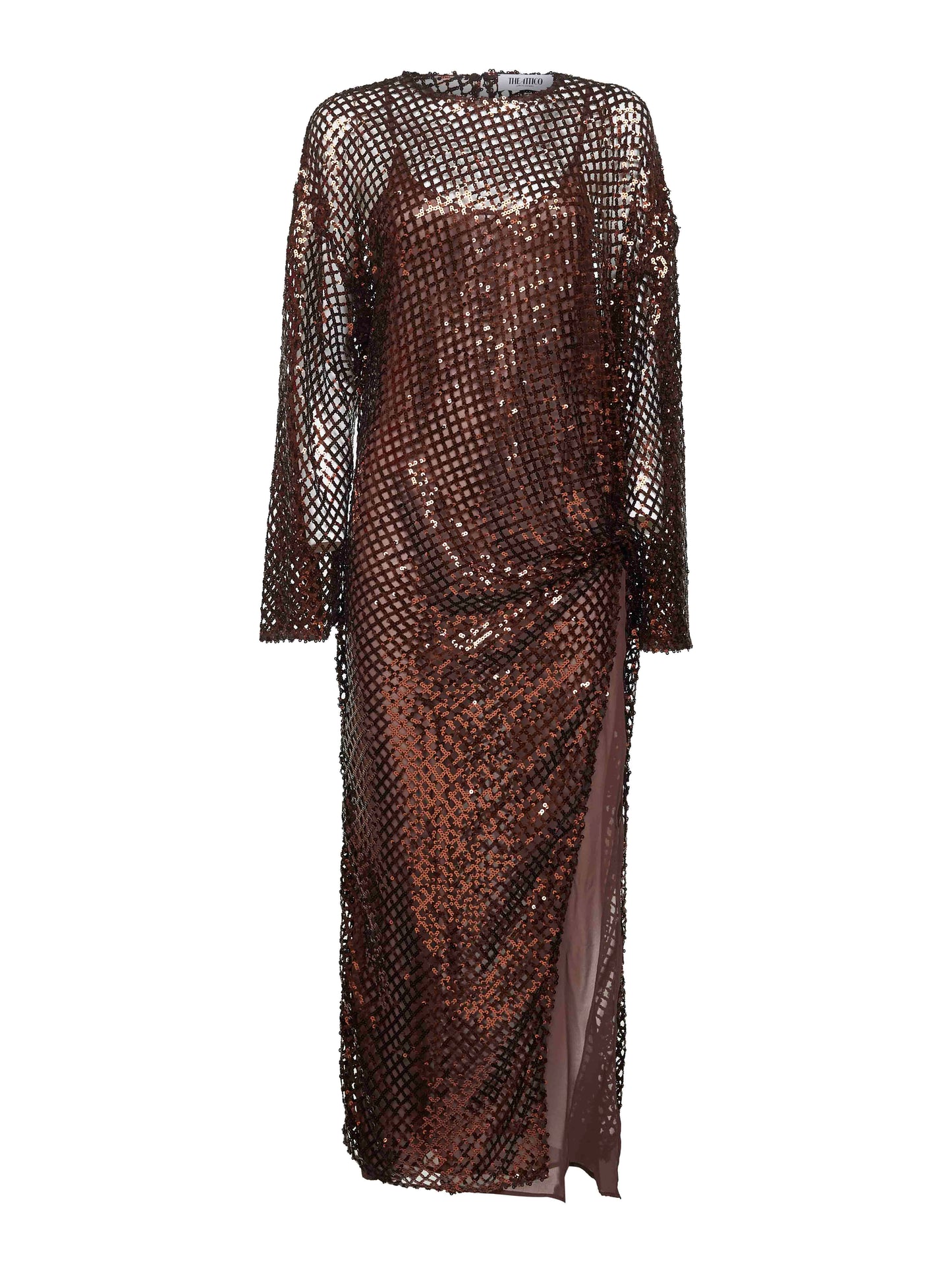Brown sequin net knit midi dress
