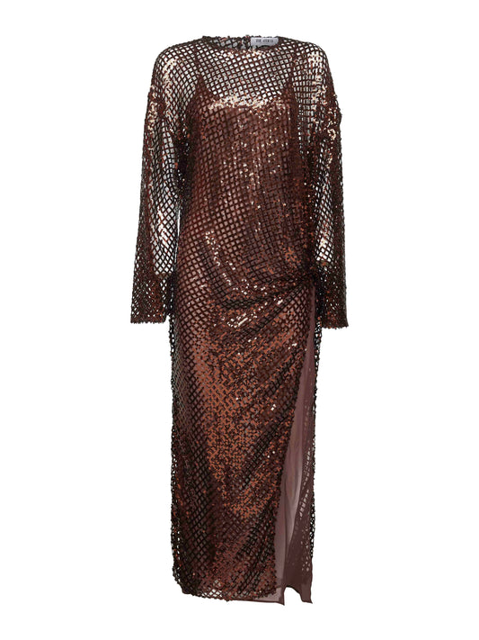 Brown sequin net knit midi dress
