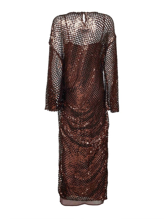 Brown sequin net knit midi dress