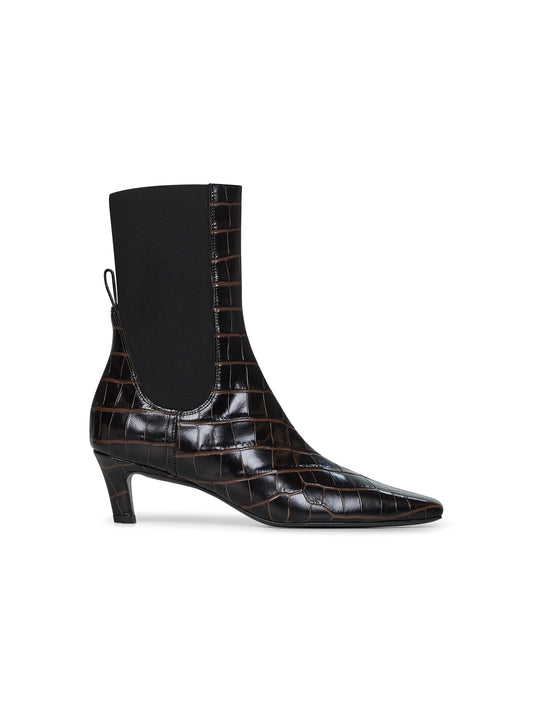Brown crocodile embossed leather ankle boots