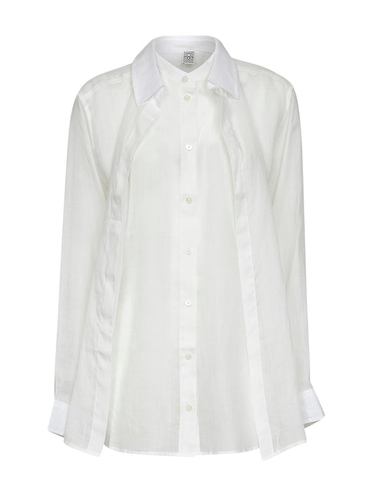 White ramie voile double collar shirt