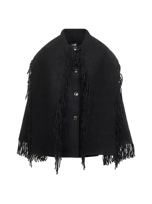 Black bouclé Fringed scarf coat