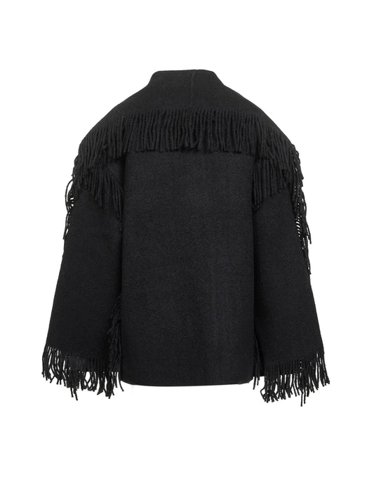 Black bouclé Fringed scarf coat