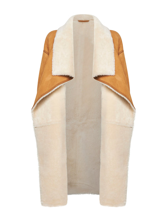 Cappotto in pelle scamosciata e shearling cammello