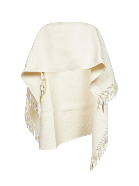 Poncho con frange in bouclé avorio