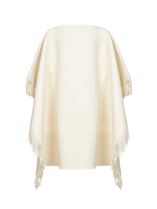 Poncho con frange in bouclé avorio