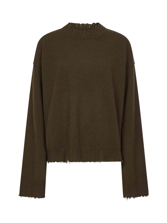 Green cashmere sweater with distressed details