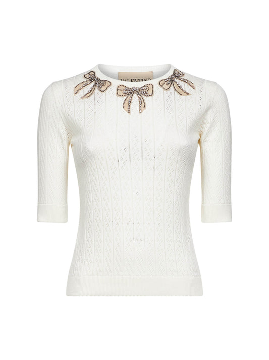 Ivory pointelle knit embroidered bows top