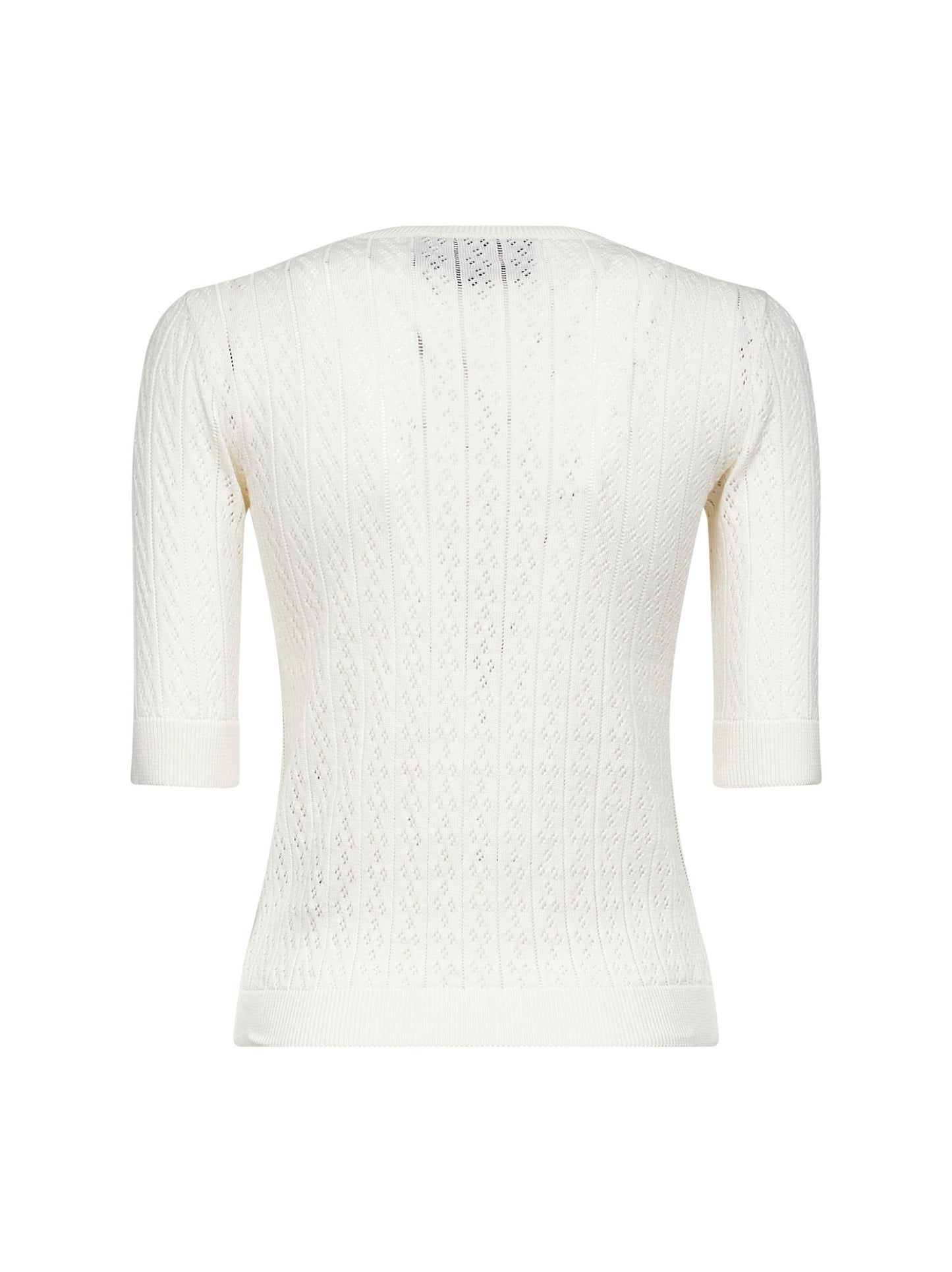 Top in maglia pointelle avorio con fiocchi ricamati