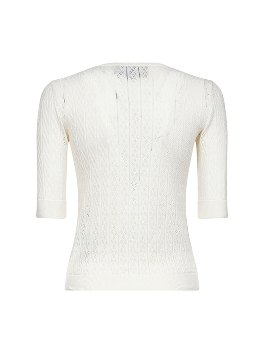 Ivory pointelle knit embroidered bows top