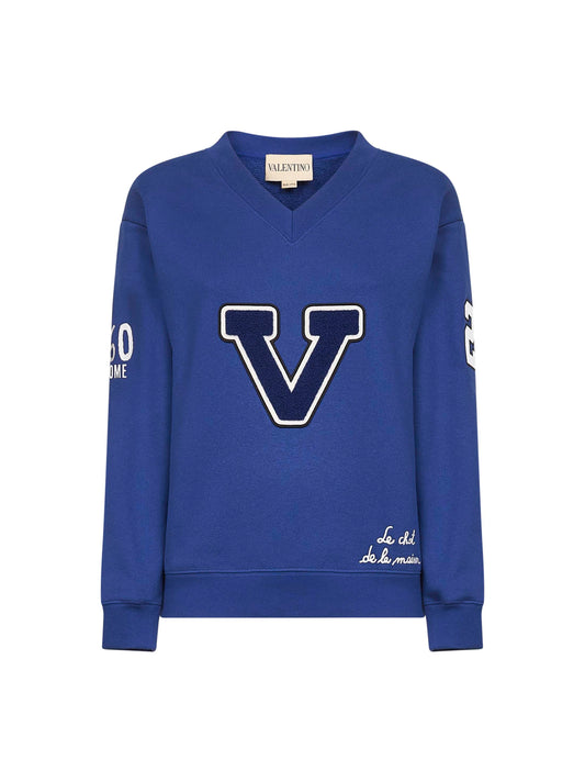 Felpa college "V" in cotone blu