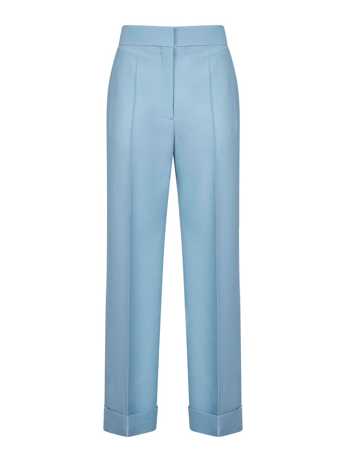 Pantaloni dritti in lana vergine e seta azzurro