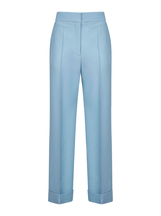 Pantaloni dritti in lana vergine e seta azzurro