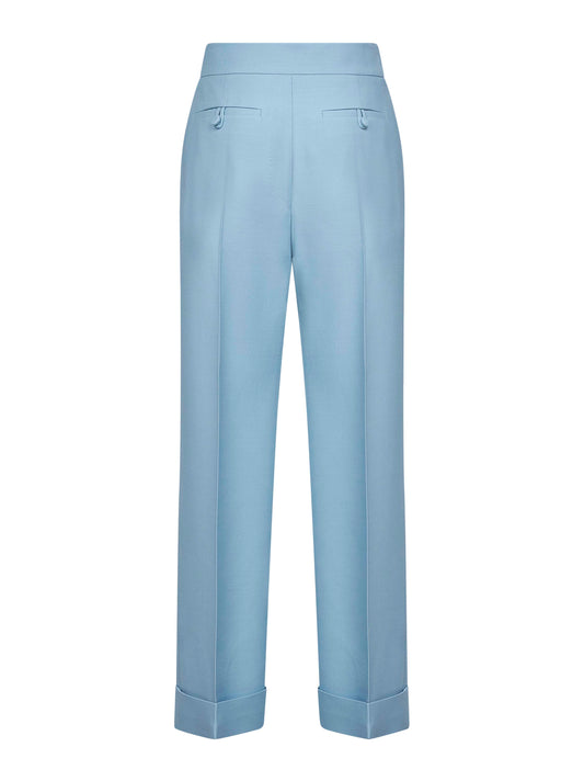 Pantaloni dritti in lana vergine e seta azzurro