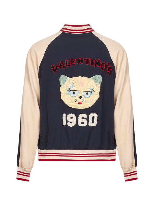 Bomber Valentino in lana e cotone blu e burro