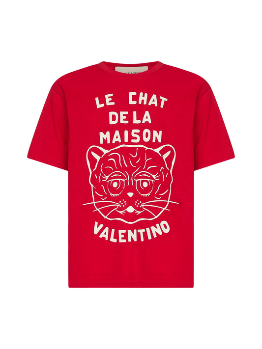 Red cotton Le Chat De La Maison print T-Shirt