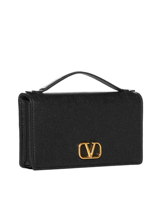 Valentino Garavani<BR/>Black leather wallet with shoulder strap<BR/>