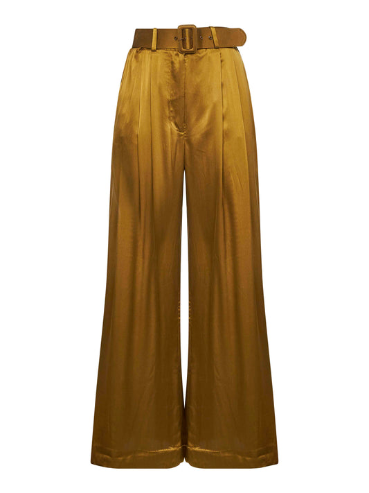 Pantaloni doppia pince in seta oliva