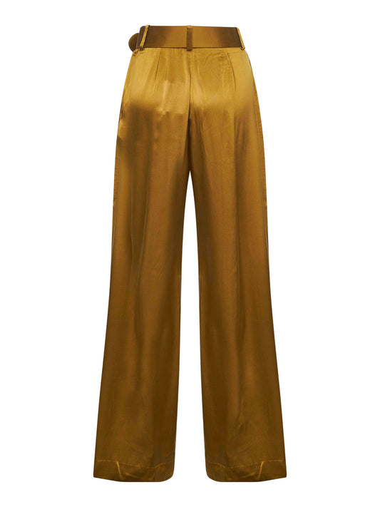Pantaloni doppia pince in seta oliva