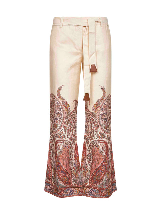 Pantaloni a zampa Rhiannon in lino Paisley crema