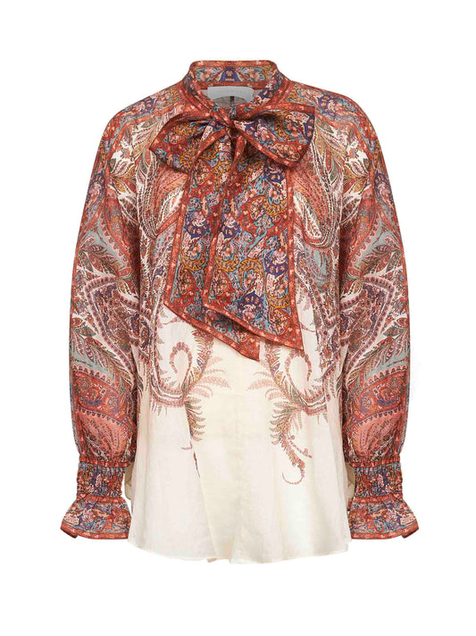 Cream Paisley ramie Rhiannon tie neck blouse