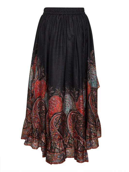 Maxi gonna Rhiannon in seta habotai Paisley nera