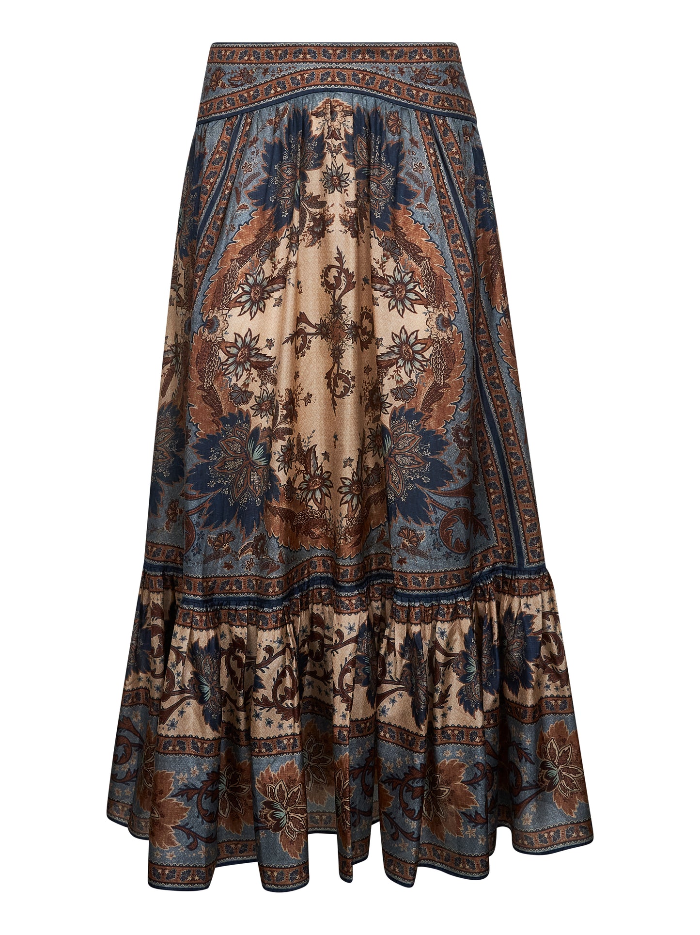 Indienne floral habotai silk Ascension tiered midi skirt
