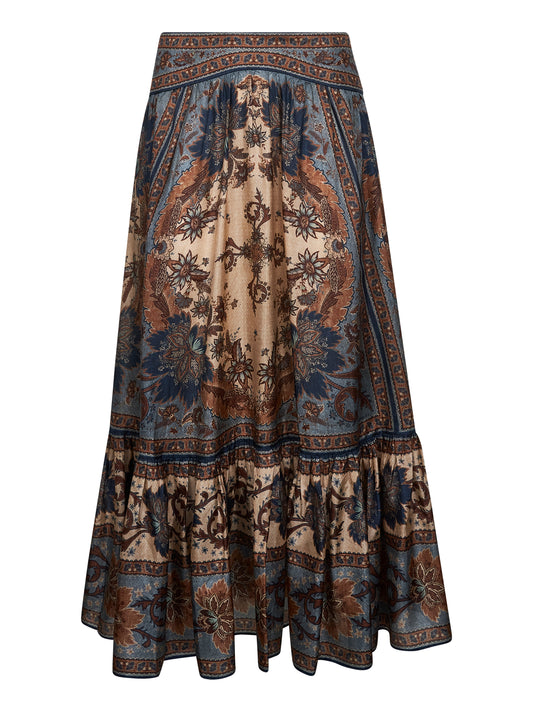 Indienne floral habotai silk Ascension tiered midi skirt