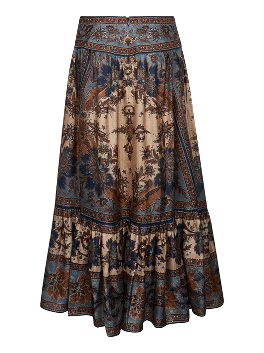 Indienne floral habotai silk Ascension tiered midi skirt