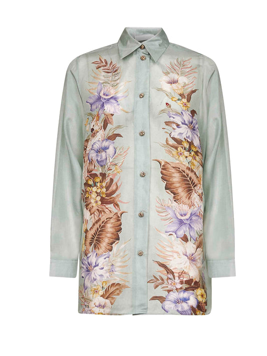 Camicia Coco in habotai di seta multi floreale salvia <BR/>