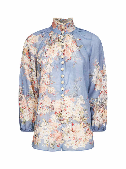Teal blue Botanical Floral ramie Cascadian blouse