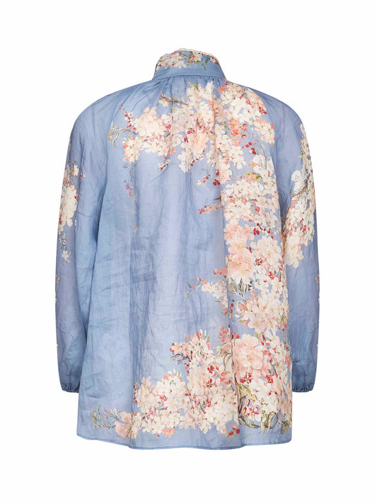 Teal blue Botanical Floral ramie Cascadian blouse