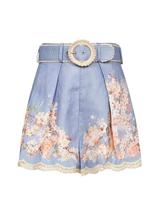 Teal blue Botanical Floral linen Cascadian shorts