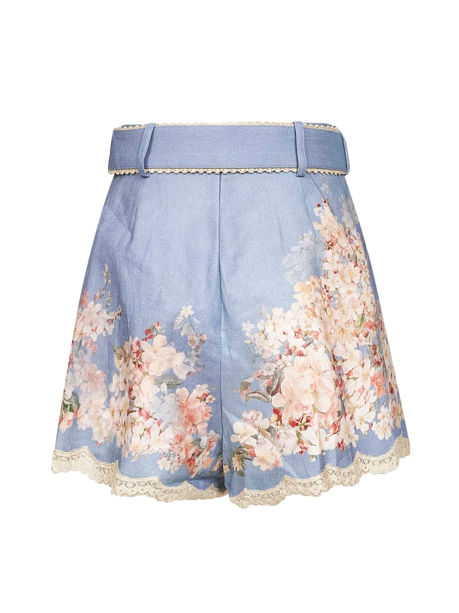 ショートパンツ Zimmermann 3558ASS255 Shorts Teal blue Botanical Floral linen Cascadian shorts – Daniello.com