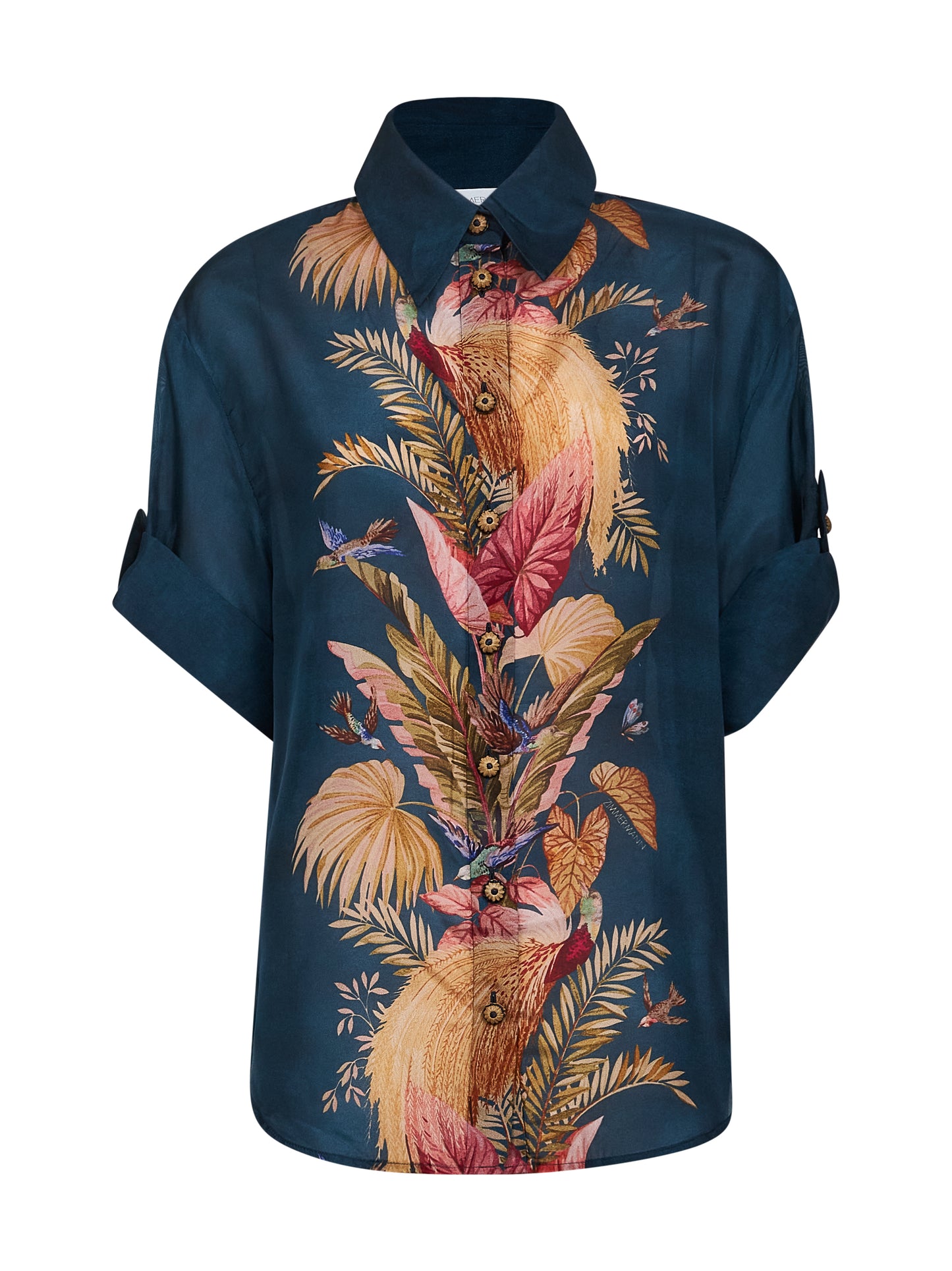 Camicia Ascension in seta habotai Palm floreale blu