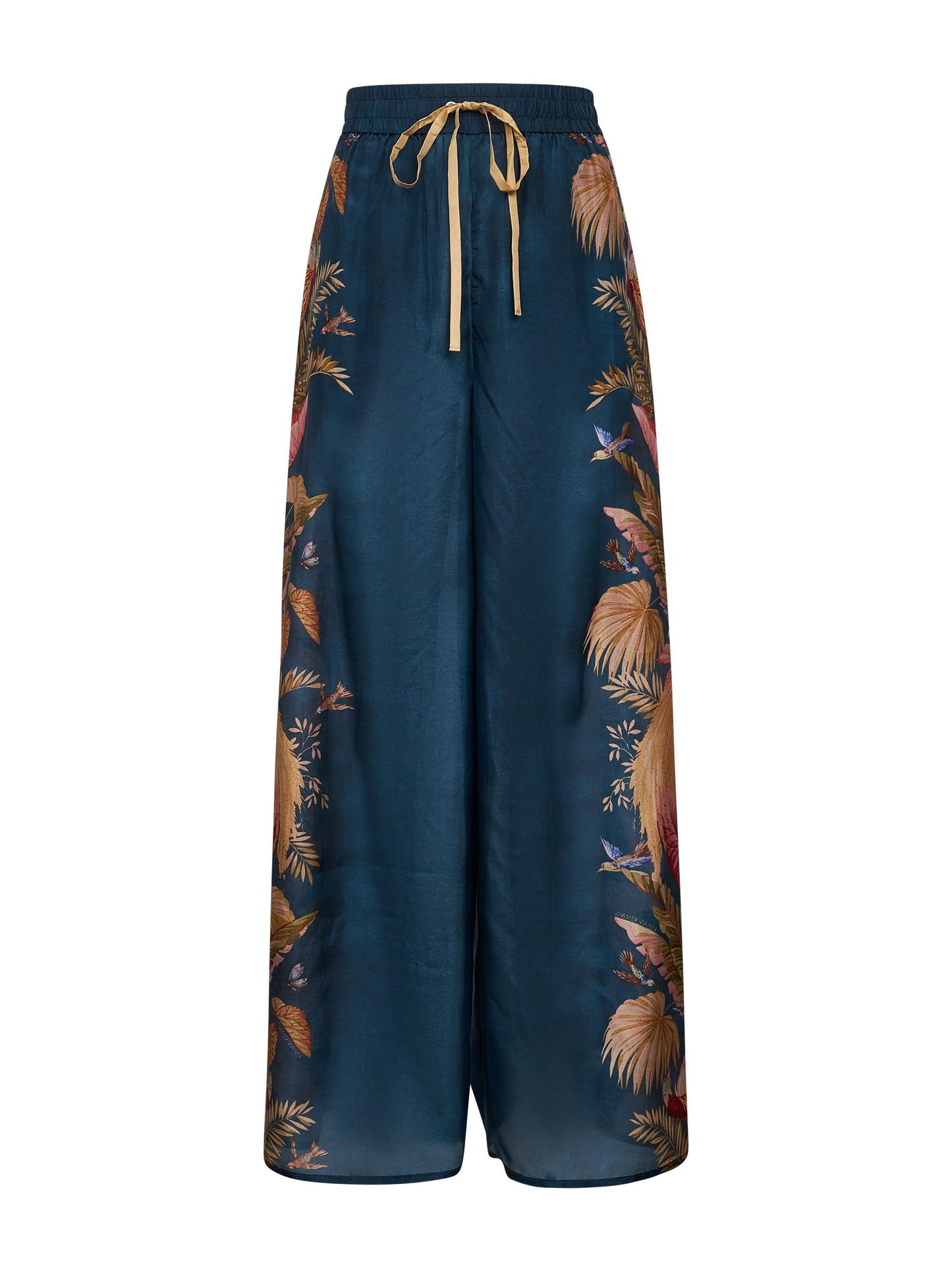 Pantaloni Ascension in seta habotai Palm floreale blu