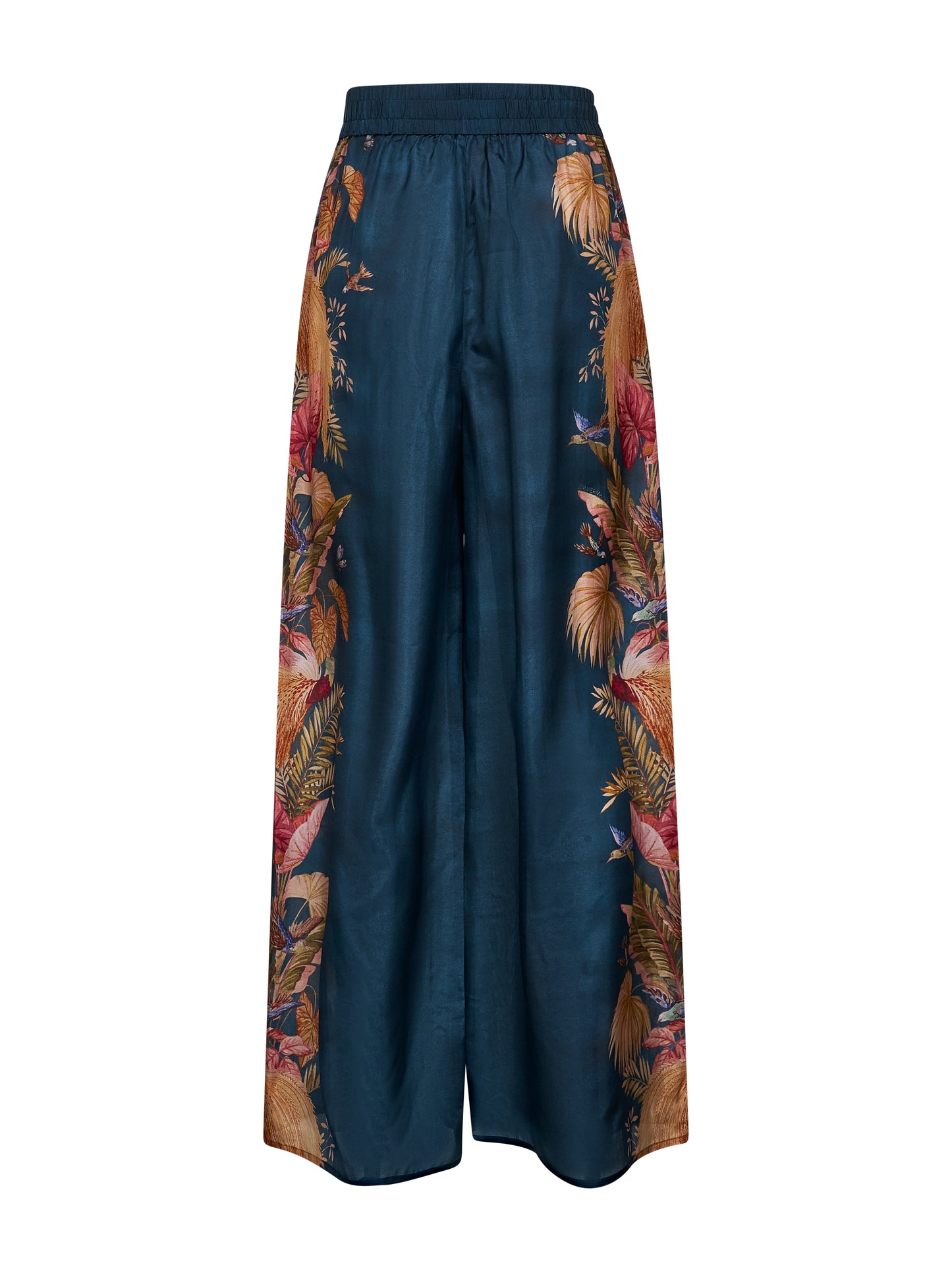 Pantaloni Ascension in seta habotai Palm floreale blu