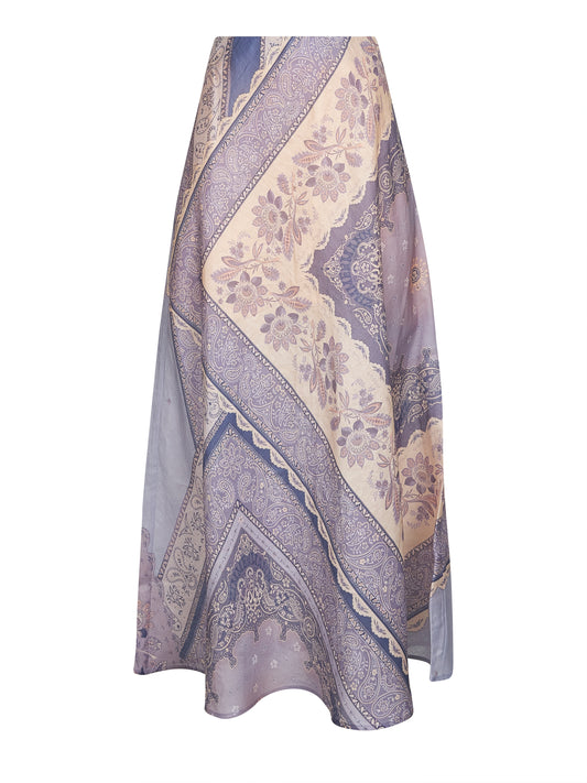 Blue bandana print linen Lucky long skirt