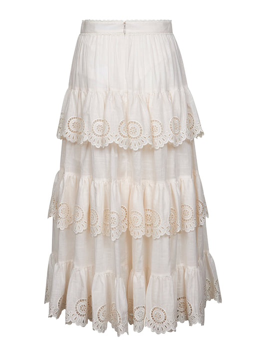 Ivory embroidered cotton Lucky tiered midi skirt