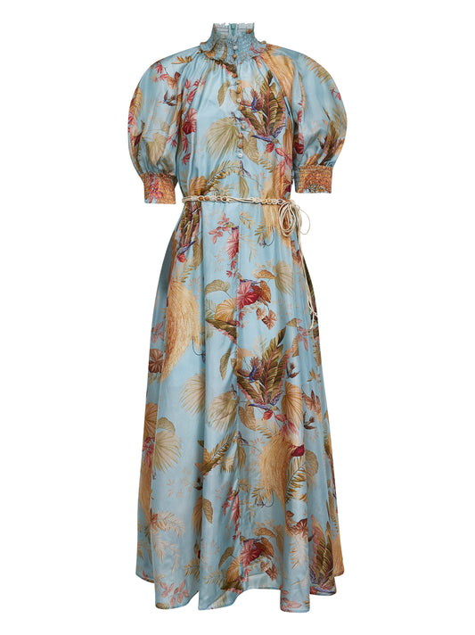 Maxi abito Ascension in seta habotai Aqua Palm floreale