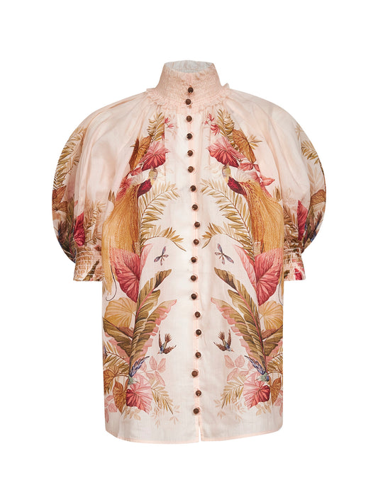 Cream Palm Floral print ramie Ascension blouse