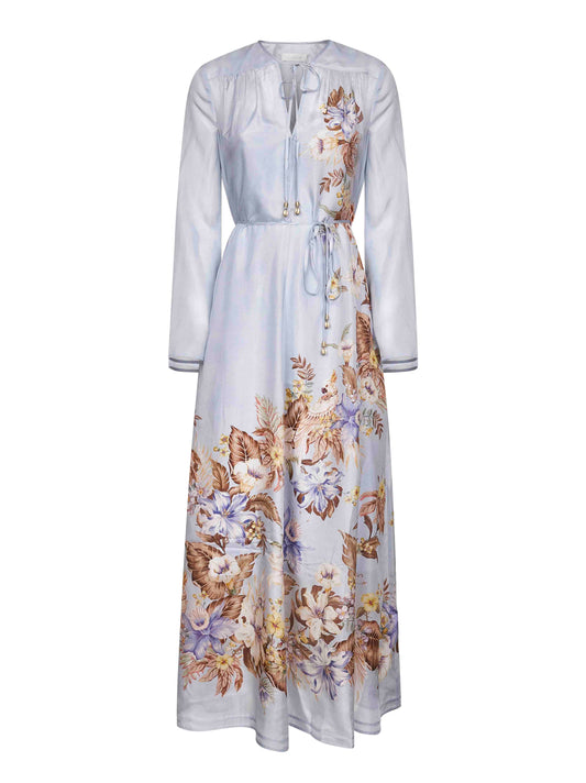 Powder blue Multi Floral silk habotai Coco maxi dress