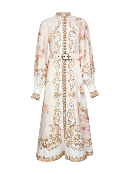 Abito midi Hypnotic in lino crema stampa Peonia