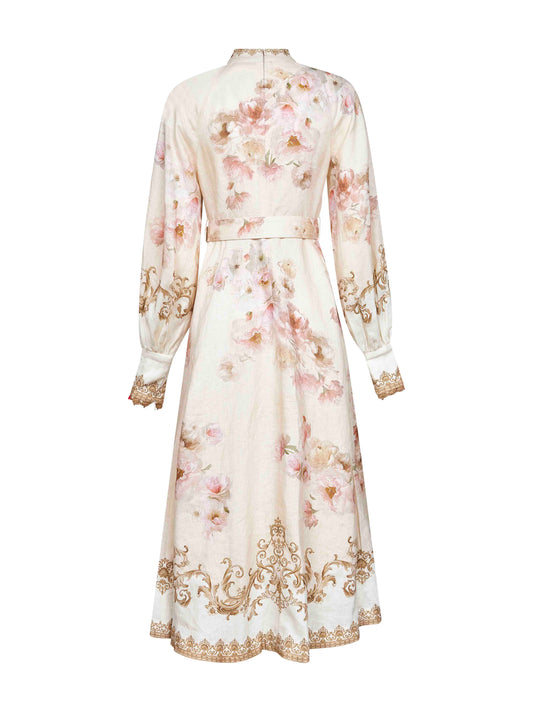 Abito midi Hypnotic in lino crema stampa Peonia
