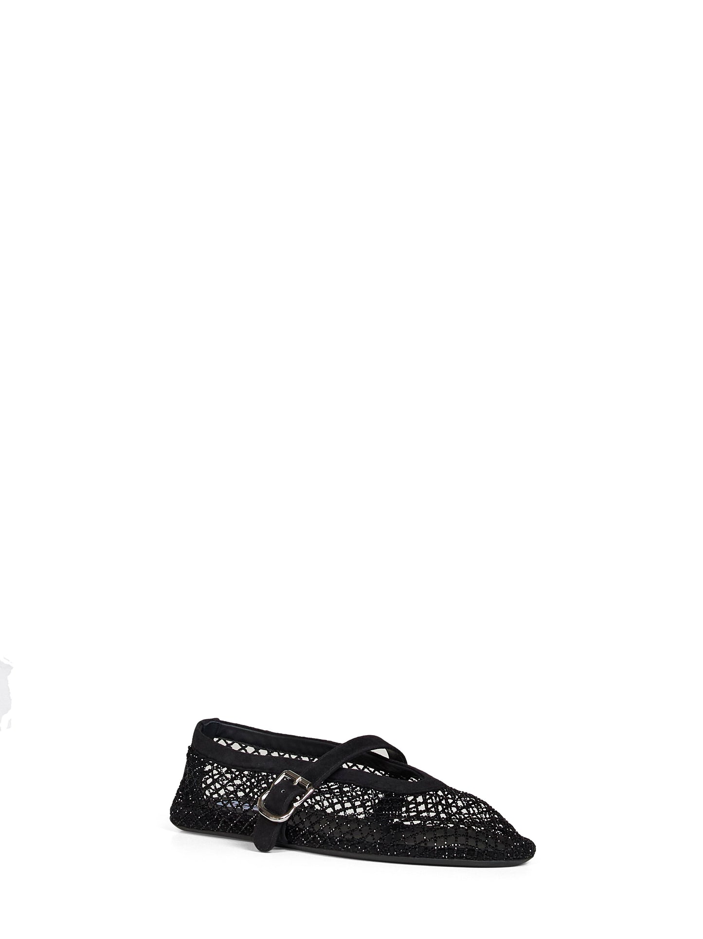 Black lamé fishnet and suede ballet flats
