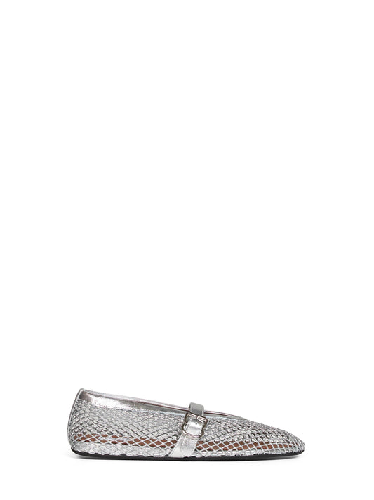 Ballerine flat in rete laminata e nappa metallizzata argento