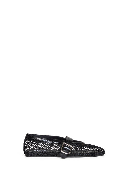 Black mesh and crocodile-embossed leather ballet flats