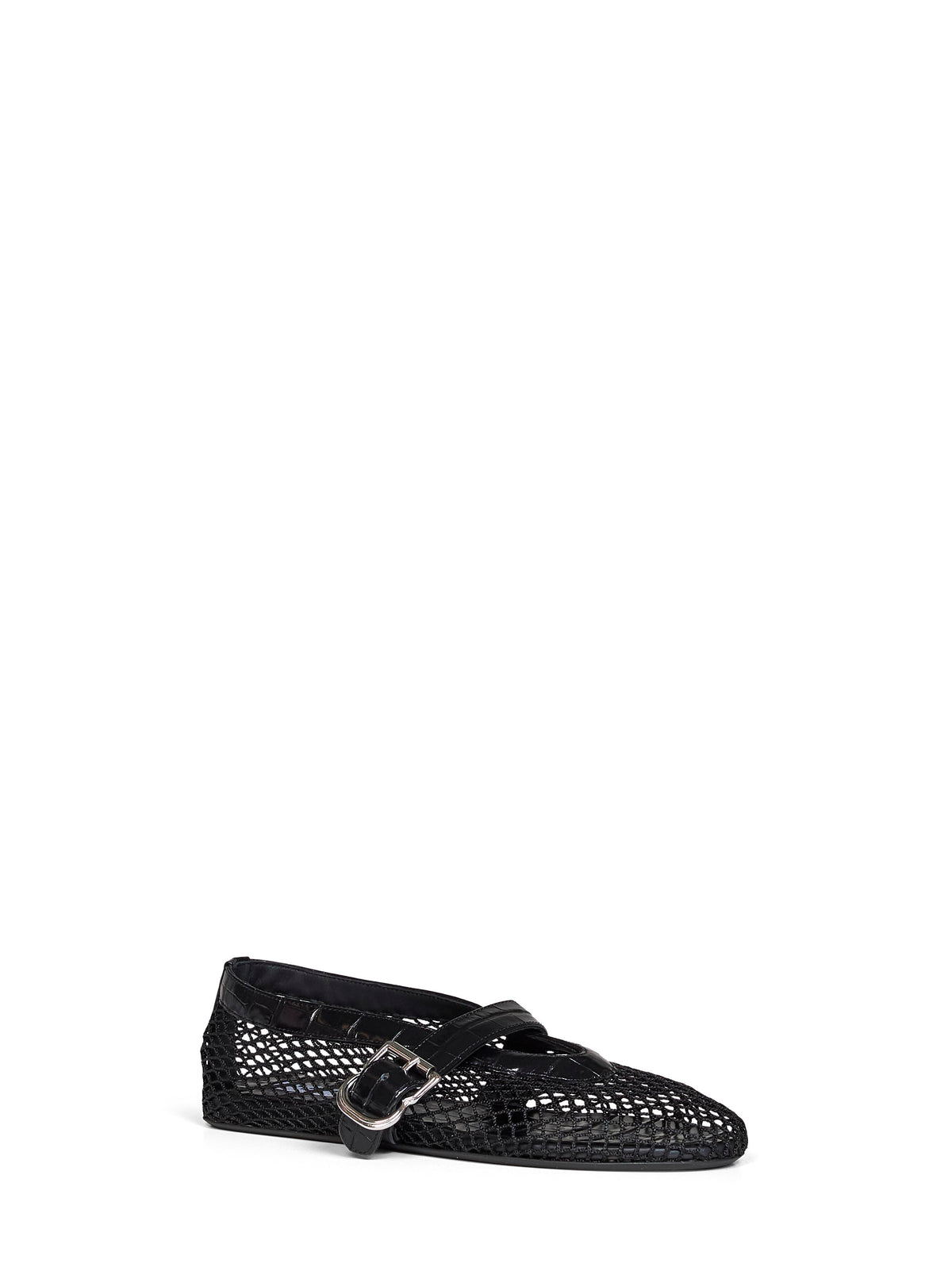 Black mesh and crocodile-embossed leather ballet flats